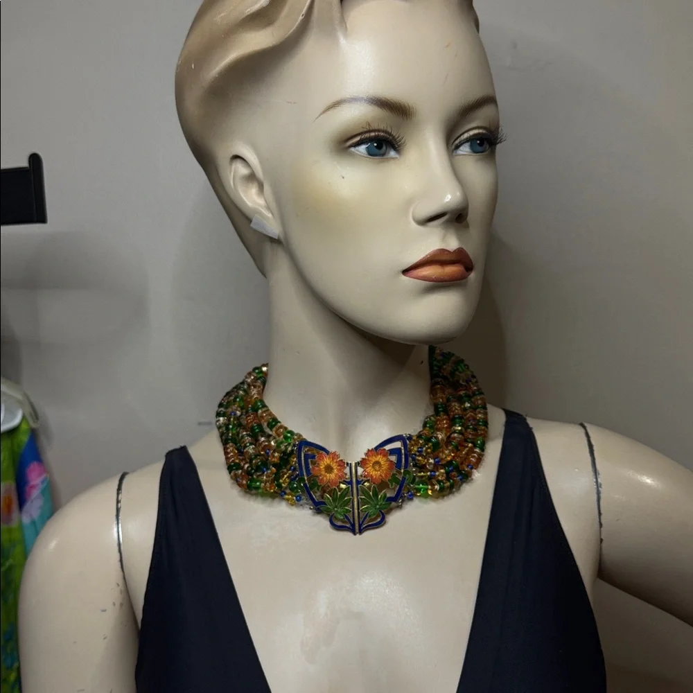 Vintage Glass Beaded Cloisonné Pendant Necklace